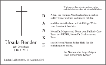Traueranzeige von Ursula Bender von  Gießener Anzeiger
