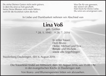 Traueranzeige von Lina Voß von  Gießener Anzeiger