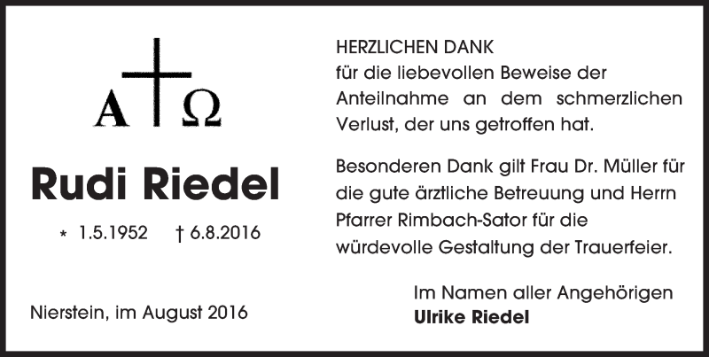  Traueranzeige für Rudi Riedel vom 27.08.2016 aus Trauerportal Rhein Main Presse