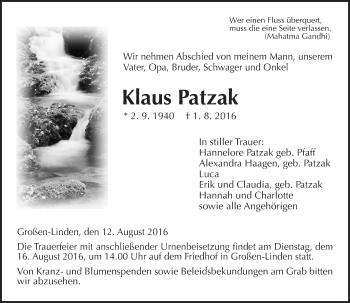 Traueranzeige von Klaus Patzak von  Gießener Anzeiger