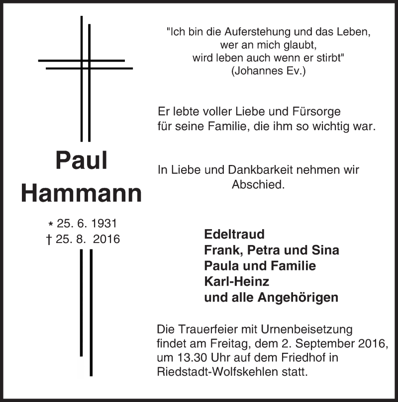  Traueranzeige für Paul Hammann vom 30.08.2016 aus Trauerportal Echo Online
