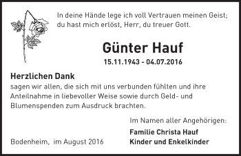 Traueranzeige von Günter Hauf von Trauerportal Rhein Main Presse