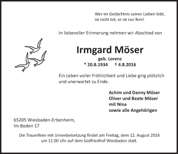 Traueranzeige von Irmgard Möser von Trauerportal Rhein Main Presse