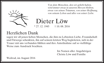 Traueranzeige von Dieter Löw von  Usinger Anzeiger