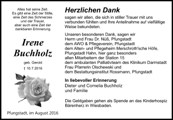 Traueranzeige von Irene Buchholz von Trauerportal Echo Online