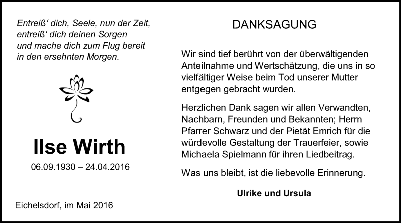  Traueranzeige für Ilse Wirth vom 28.05.2016 aus  Kreisanzeiger