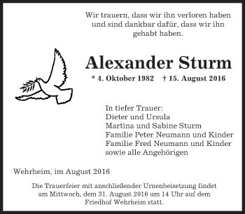 Traueranzeige von Alexander Sturm von  Usinger Anzeiger