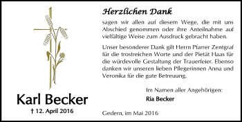 Traueranzeige von Karl Becker von  Kreisanzeiger