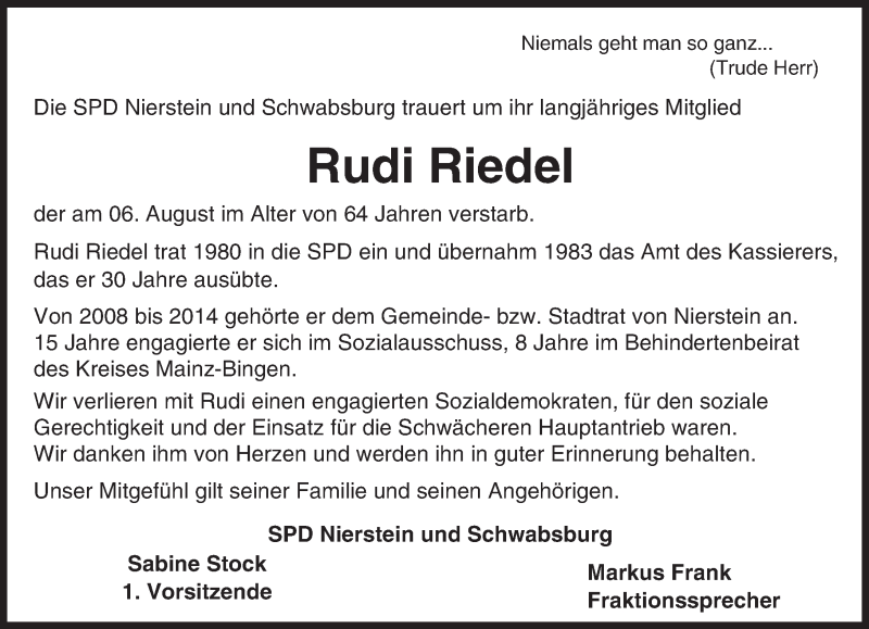  Traueranzeige für Rudi Riedel vom 13.08.2016 aus Trauerportal Rhein Main Presse