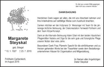 Traueranzeige von Margarete Steyskal von  Gießener Anzeiger
