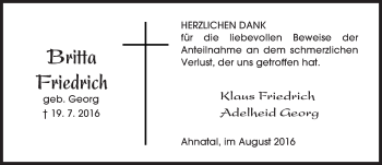 Traueranzeige von Britta Friedrich von  Kreisanzeiger