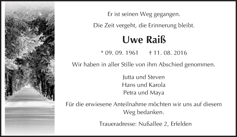  Traueranzeige für Uwe Raiß vom 27.08.2016 aus Trauerportal Echo Online