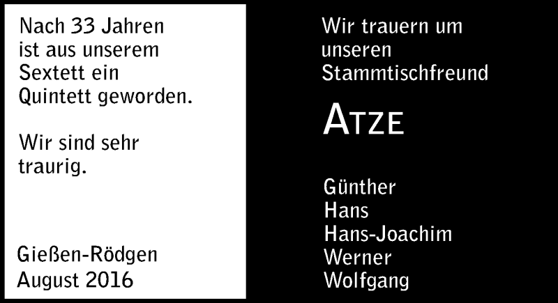 Traueranzeige für Atze  vom 03.09.2016 aus  Gießener Anzeiger