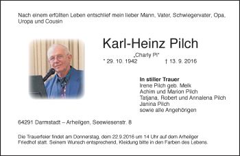 Traueranzeige von Karl-Heinz Pilch von Trauerportal Echo Online