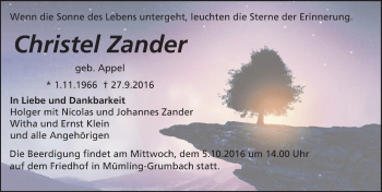 Traueranzeige von Christel Zander von Trauerportal Echo Online