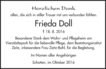 Traueranzeige von Frieda Doll von  Kreisanzeiger