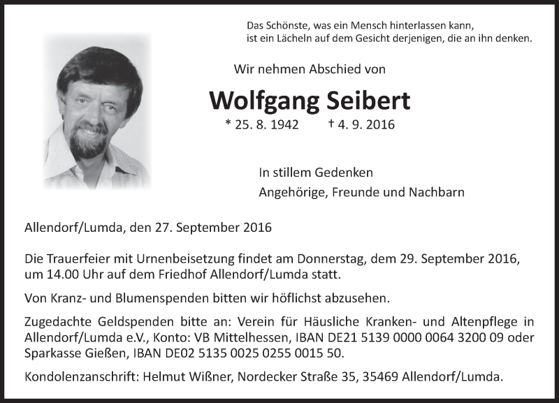  Traueranzeige für Wolfgang Seibert vom 27.09.2016 aus  Gießener Anzeiger