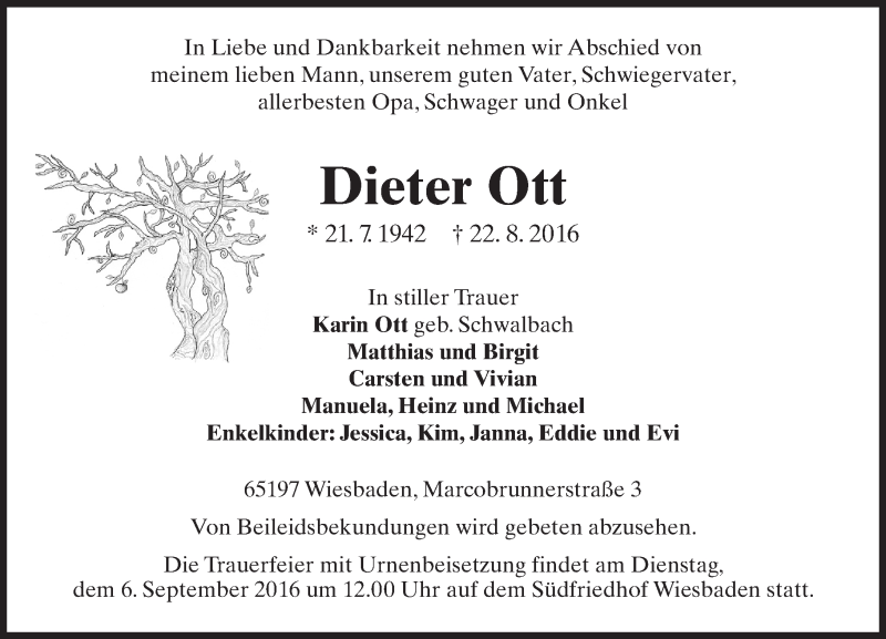  Traueranzeige für Dieter Ott vom 03.09.2016 aus Trauerportal Rhein Main Presse