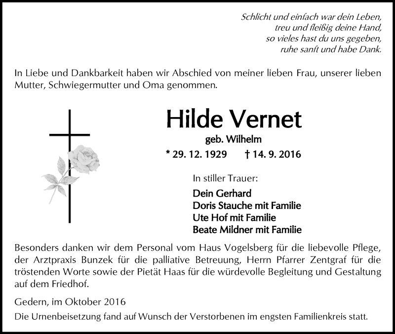  Traueranzeige für Hilde Vernet vom 01.10.2016 aus  Kreisanzeiger