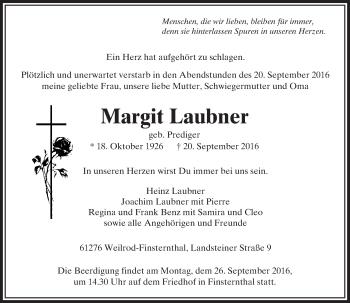 Traueranzeige von Margit Laubner von  Usinger Anzeiger