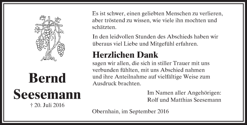  Traueranzeige für Bernd Seesemann vom 15.09.2016 aus  Usinger Anzeiger