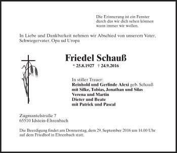 Traueranzeige von Friedel Schauß von Trauerportal Rhein Main Presse