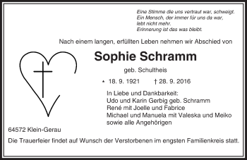 Traueranzeige von Sophie Schramm von Trauerportal Echo Online