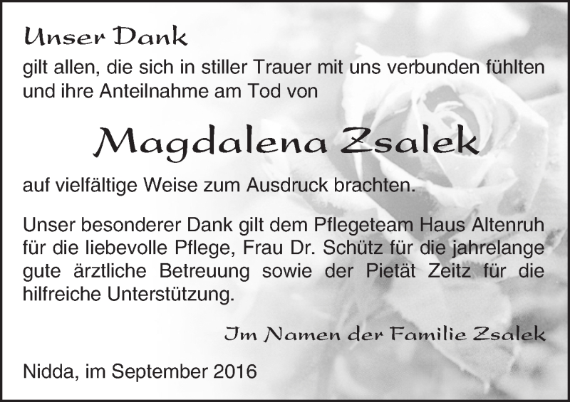  Traueranzeige für Magdalena Zsalek vom 10.09.2016 aus  Kreisanzeiger