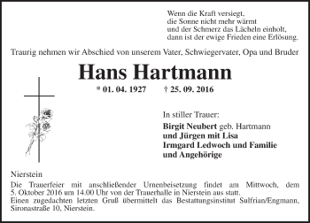 Traueranzeige von Hans Hartmann von Trauerportal Rhein Main Presse
