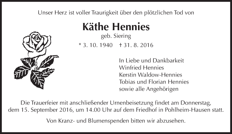  Traueranzeige für Käthe Hennies vom 10.09.2016 aus  Gießener Anzeiger