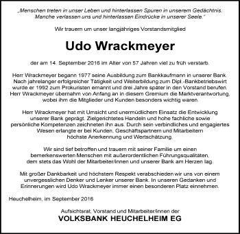 Traueranzeige von Udo Wrackmeyer von  Gießener Anzeiger