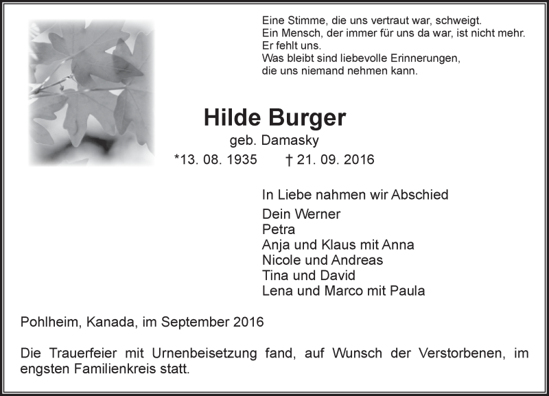 Traueranzeige für Hilde Burger vom 29.09.2016 aus  Gießener Anzeiger