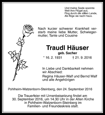 Traueranzeige von Traudl Häuser von  Gießener Anzeiger