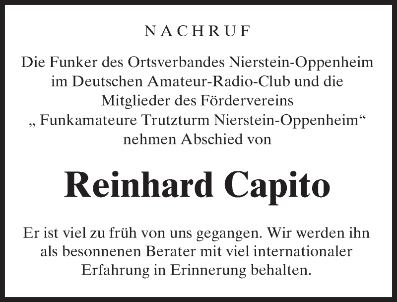  Traueranzeige für Reinhard Capito vom 14.09.2016 aus Trauerportal Rhein Main Presse