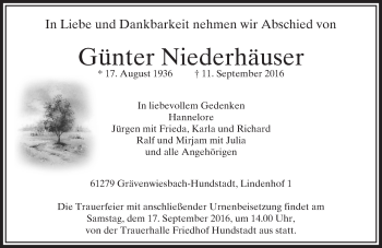 Traueranzeige von Günter Niederhäuser von  Usinger Anzeiger