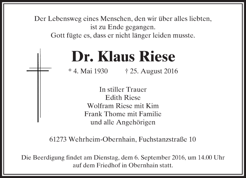  Traueranzeige für Klaus Riese vom 01.09.2016 aus  Usinger Anzeiger