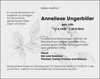 Traueranzeige von Anneliese Ungerbiller von Trauerportal Rhein Main Presse