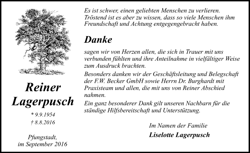  Traueranzeige für Reiner Lagerpusch vom 03.09.2016 aus Trauerportal Echo Online