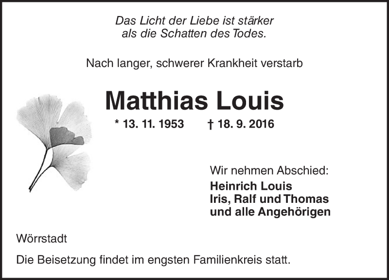  Traueranzeige für Matthias Louis vom 24.09.2016 aus Trauerportal Rhein Main Presse