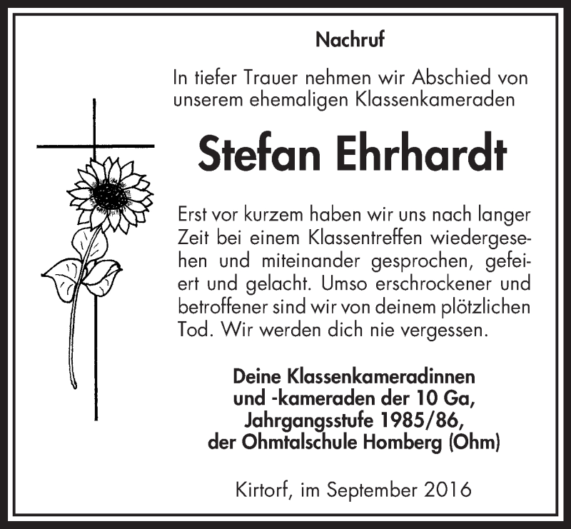 Traueranzeige für Stefan Ehrhardt vom 16.09.2016 aus VRM Trauer