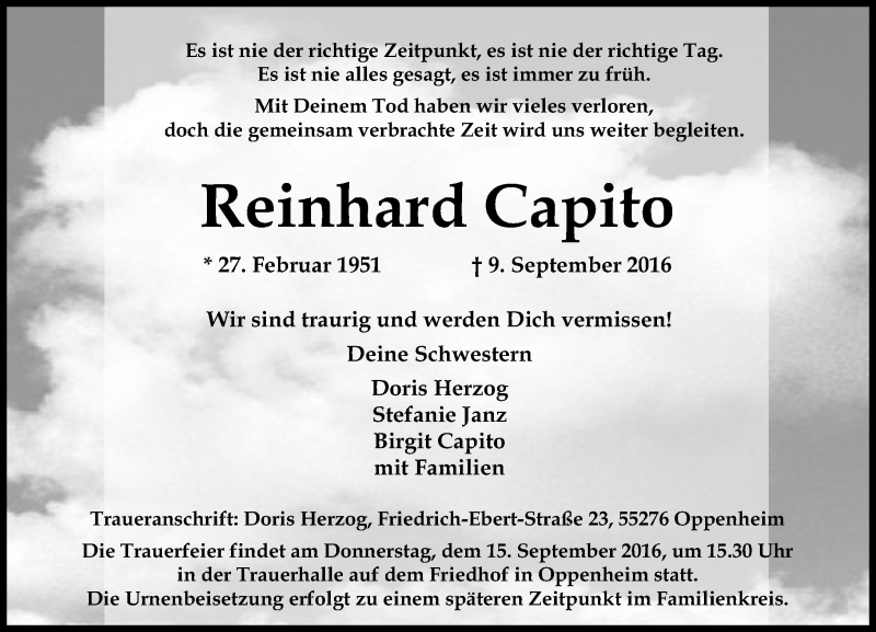  Traueranzeige für Reinhard Capito vom 13.09.2016 aus Trauerportal Rhein Main Presse