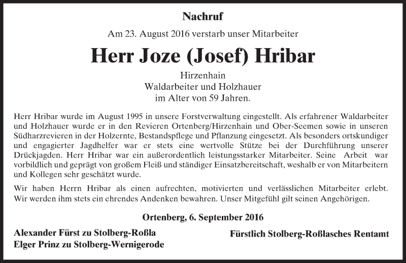  Traueranzeige für Joze Hribar vom 10.09.2016 aus  Kreisanzeiger