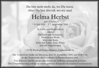 Traueranzeige von Helma Herbst von  Usinger Anzeiger