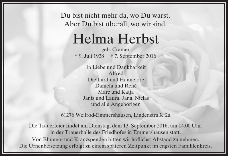  Traueranzeige für Helma Herbst vom 10.09.2016 aus  Usinger Anzeiger
