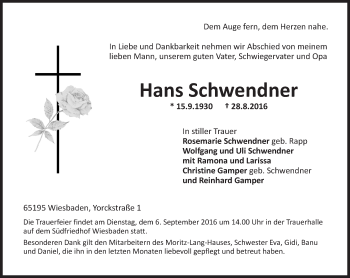 Traueranzeige von Hans Schwendner von Trauerportal Rhein Main Presse