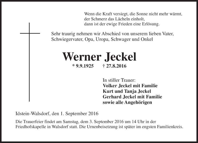  Traueranzeige für Werner Jeckel vom 01.09.2016 aus Trauerportal Rhein Main Presse