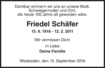 Traueranzeige von Friedel Schäfer von Trauerportal Rhein Main Presse