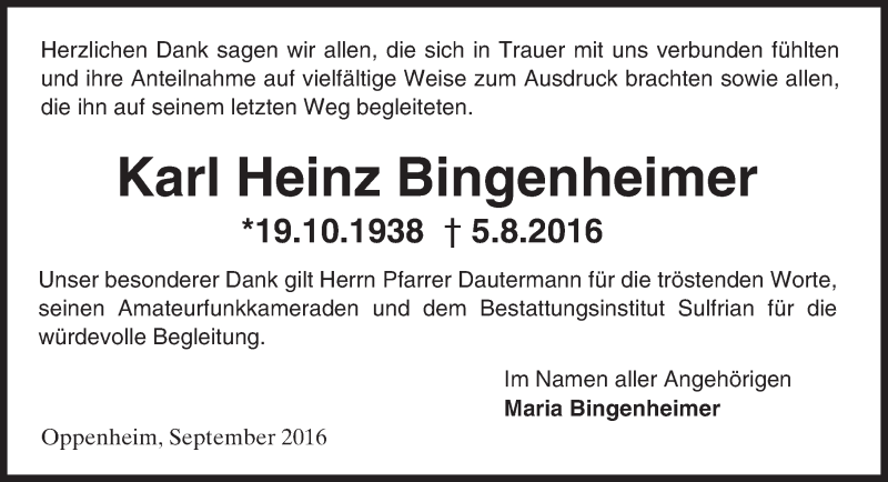  Traueranzeige für Karl Heinz Bingenheimer vom 08.09.2016 aus Trauerportal Rhein Main Presse