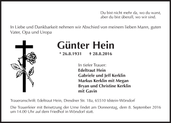 Traueranzeige von Günter Hein von Trauerportal Rhein Main Presse