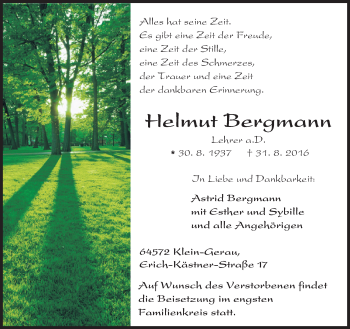 Traueranzeige von Helmut Bergmann von Trauerportal Echo Online